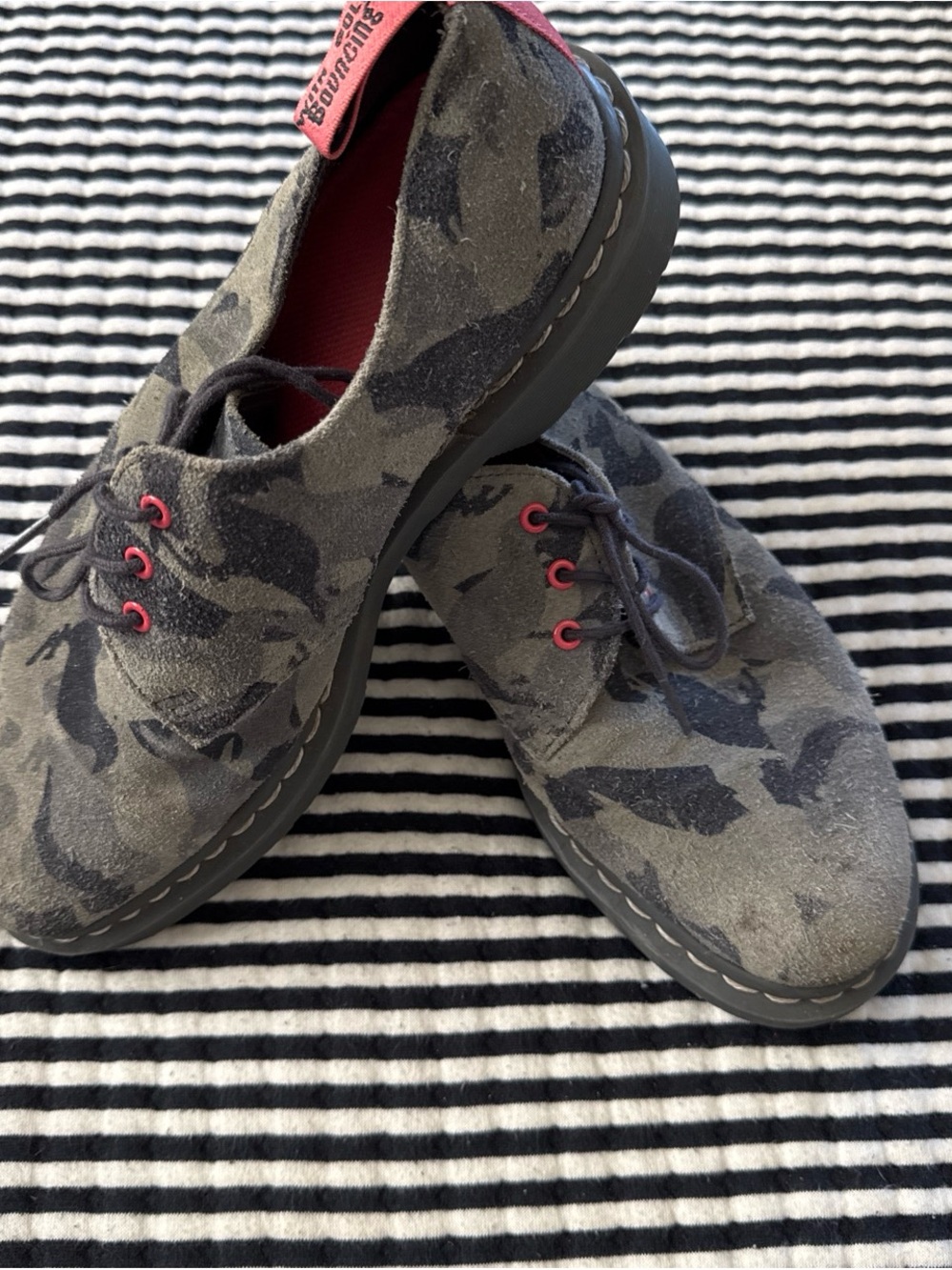 Dr. Martens Gray Camouflage Suede Oxfords with Pink Accents